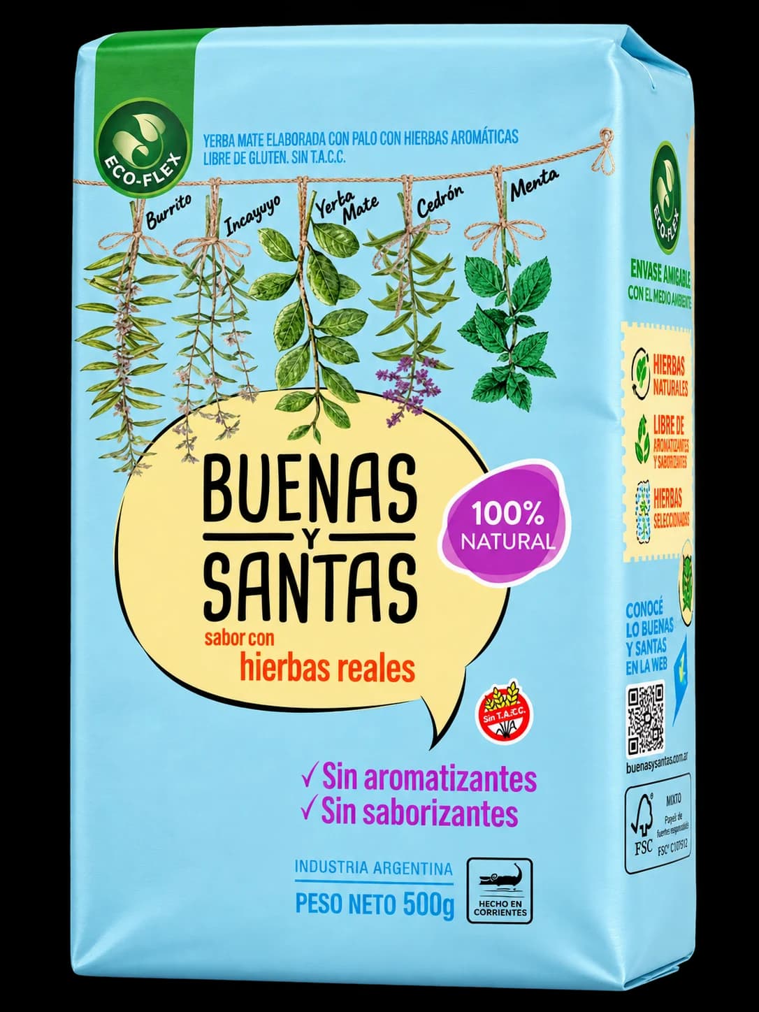 Paquete de yerba mate Buenas y Santas Con Hierbas